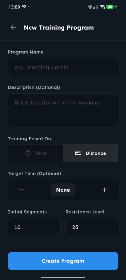 New Training Program screen