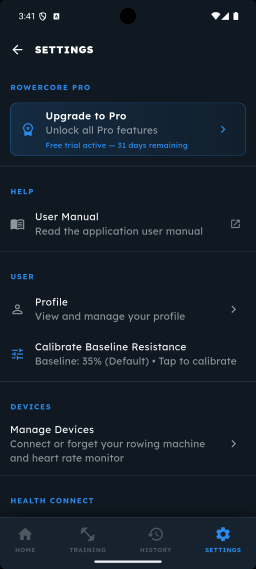 Settings screen